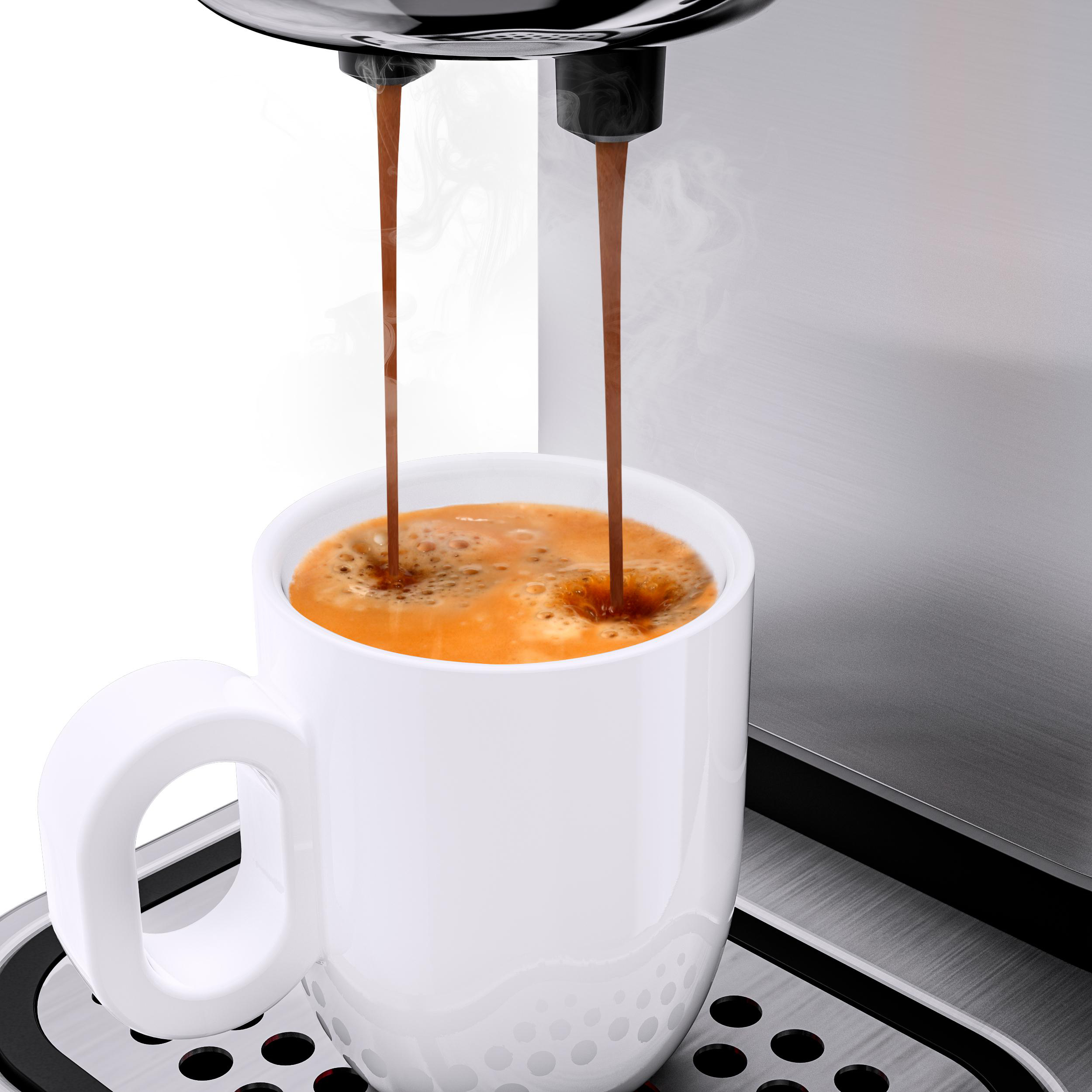 Espressomaschine, die Kaffee in einen weißen Becher ausgibt. Dampf steigt vom Kaffee auf.