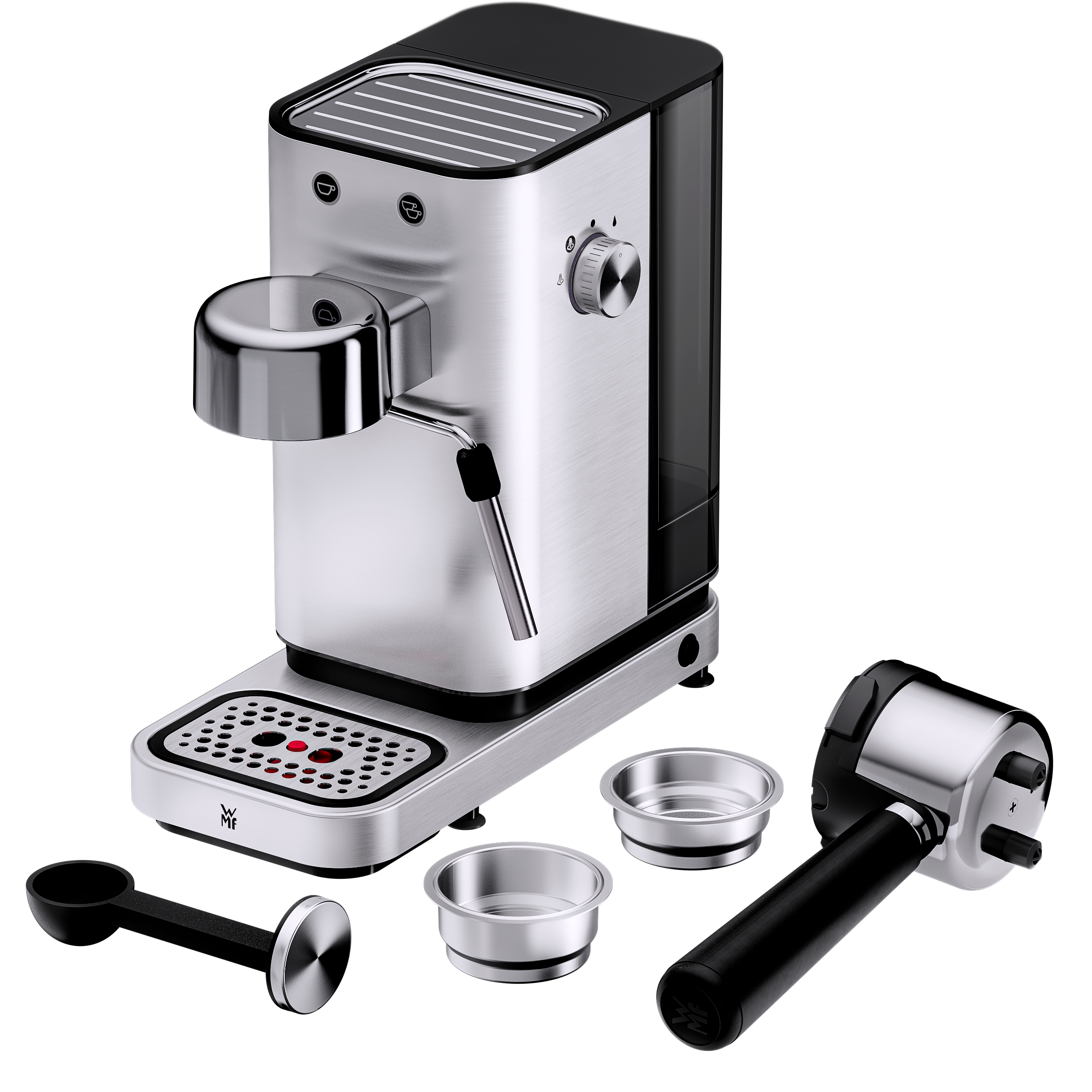 Espressomaschine mit Zubehör: Siebträger, zwei Filterkörbe, Löffel und Tamper, auf Weiß.