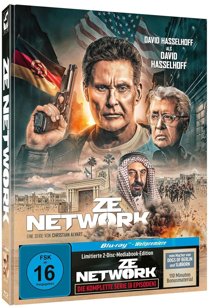 ZE NETWORK Blu-ray-Cover: David Hasselhoff hält eine Waffe, andere Charaktere im Hintergrund, Flaggen.
