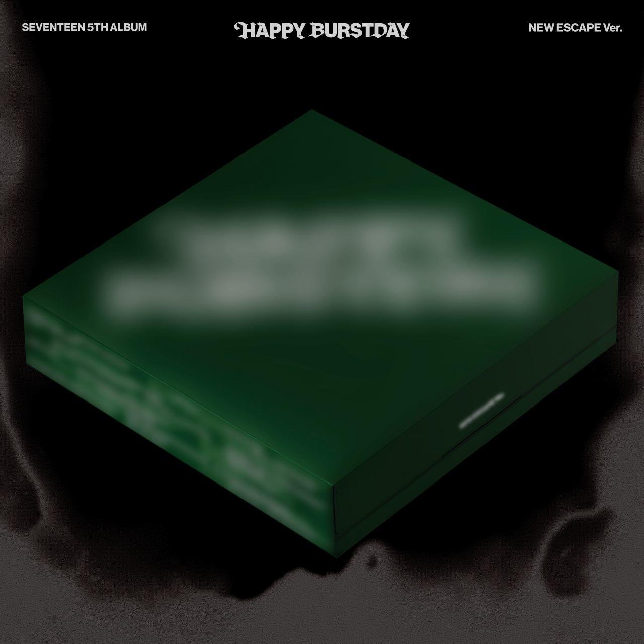 Grüne, quadratische Box mit Text 'HAPPY BURSTDAY' und 'NEW ESCAPE Ver'.