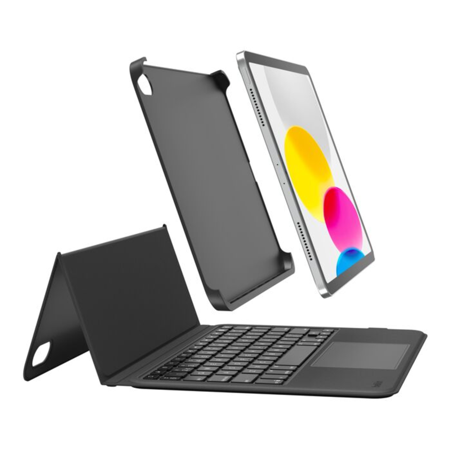 Black iPad keyboard case with iPad. Case and iPad are separate and slightly apart.