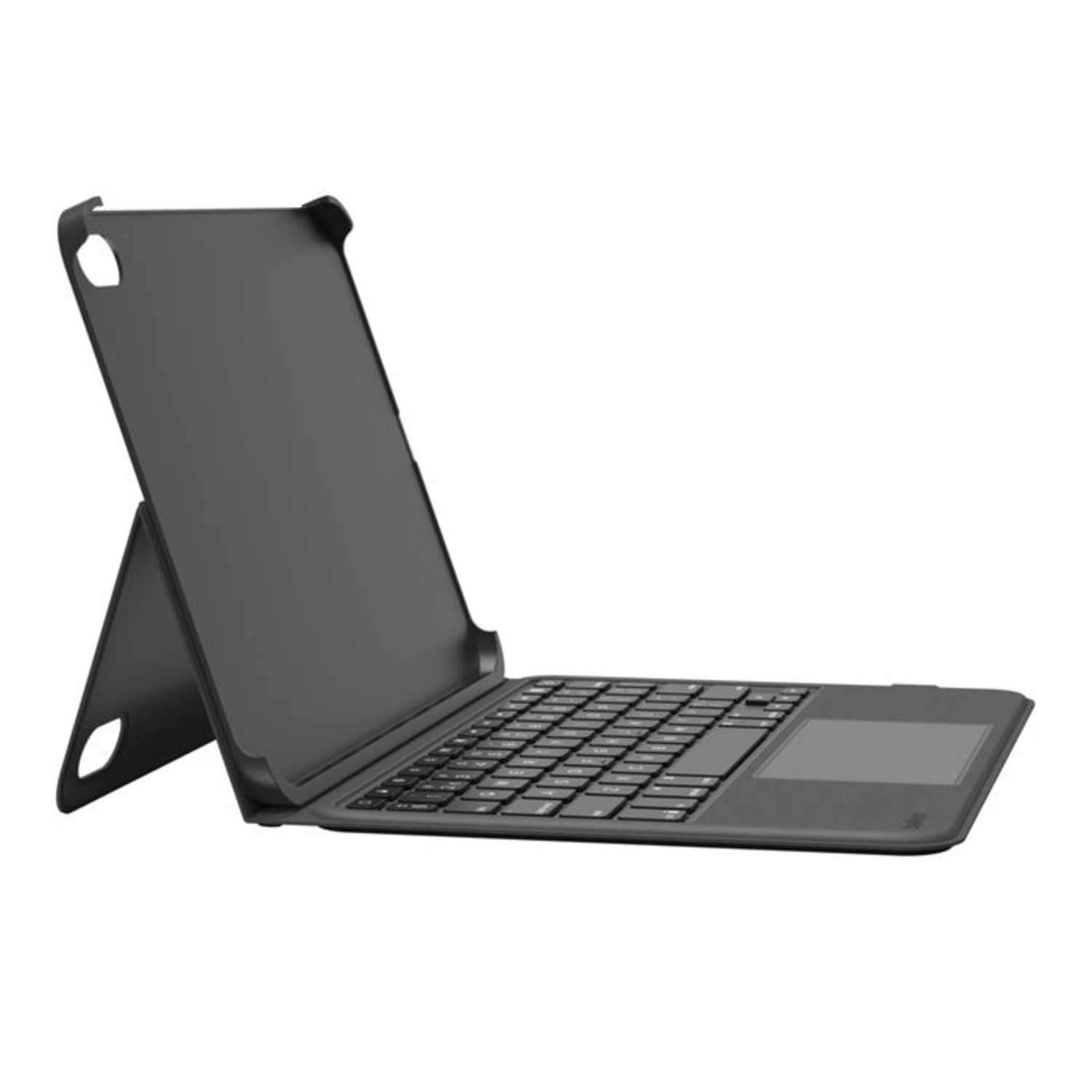 Black iPad keyboard case with iPad in use. Case is open, keyboard visible, and iPad is in place.