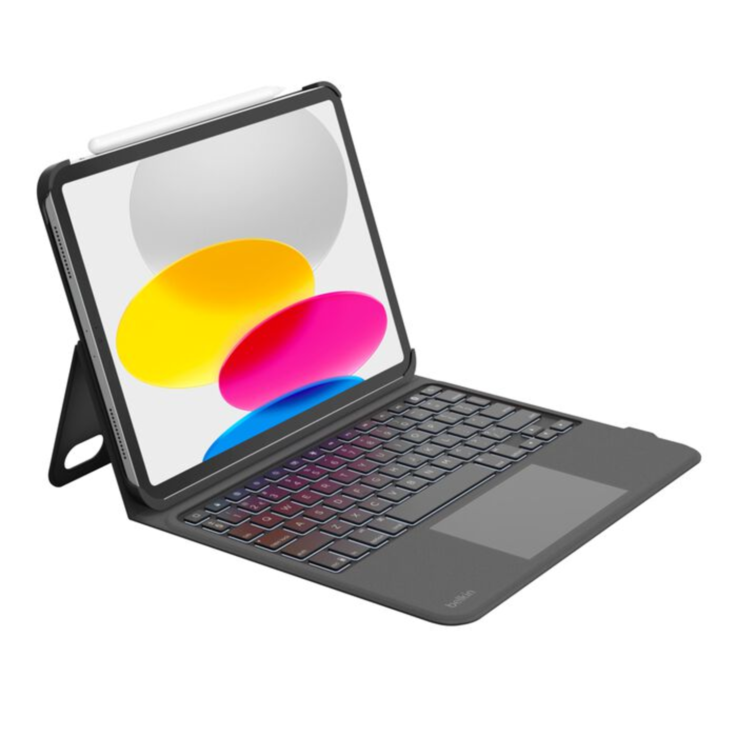 Black iPad keyboard case with iPad and stylus. Case is open, iPad in place with stylus attached.