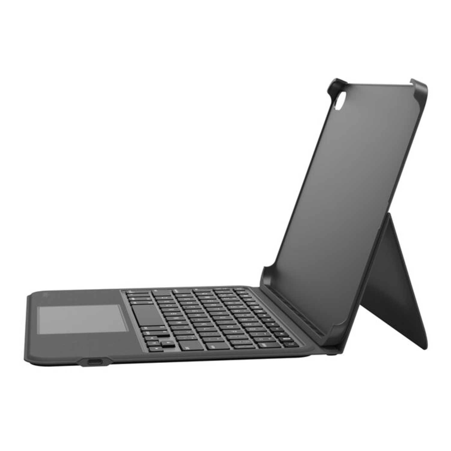 Black iPad keyboard case, side view. Case is open, with the keyboard, touchpad and iPad support.