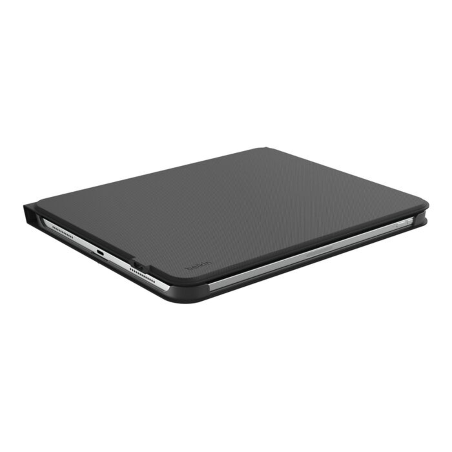 Black iPad keyboard case, closed. The case is closed, with the iPad inside. Belkin brand.