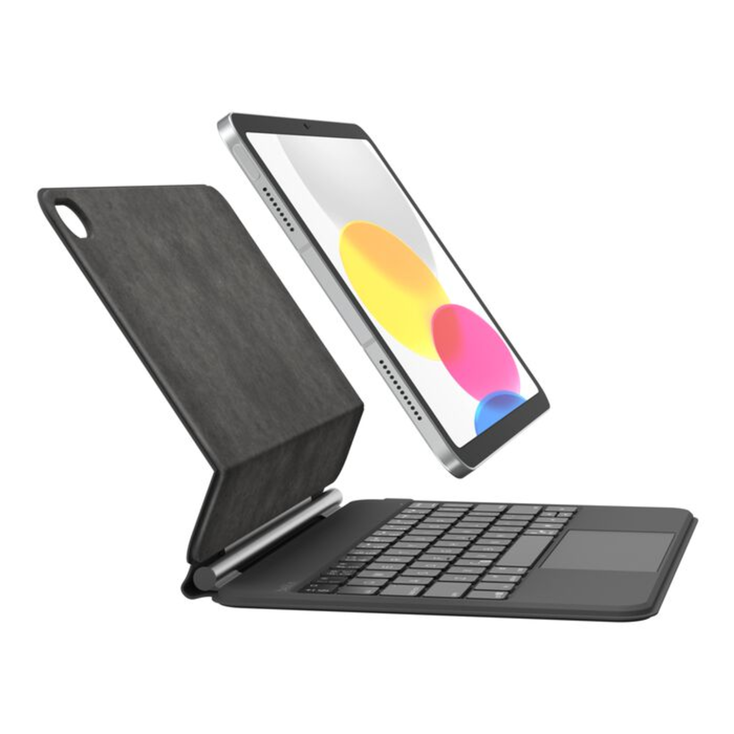 Black iPad keyboard case with iPad. iPad is floating above the keyboard and case.