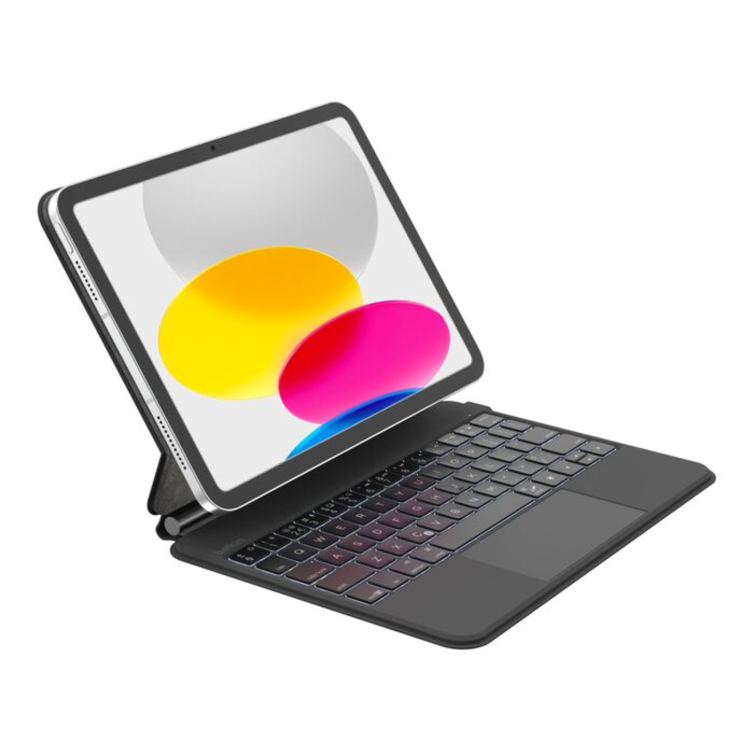 Black iPad keyboard case with iPad. Keyboard and iPad are open, displaying the screen.