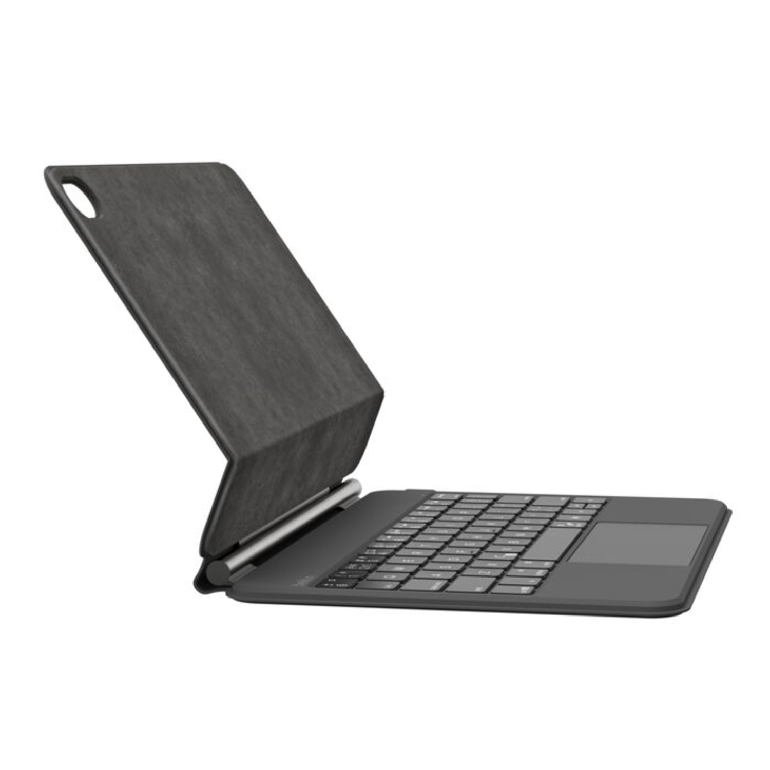 Black iPad keyboard case, side view with iPad in place. Case is open, with keyboard visible.