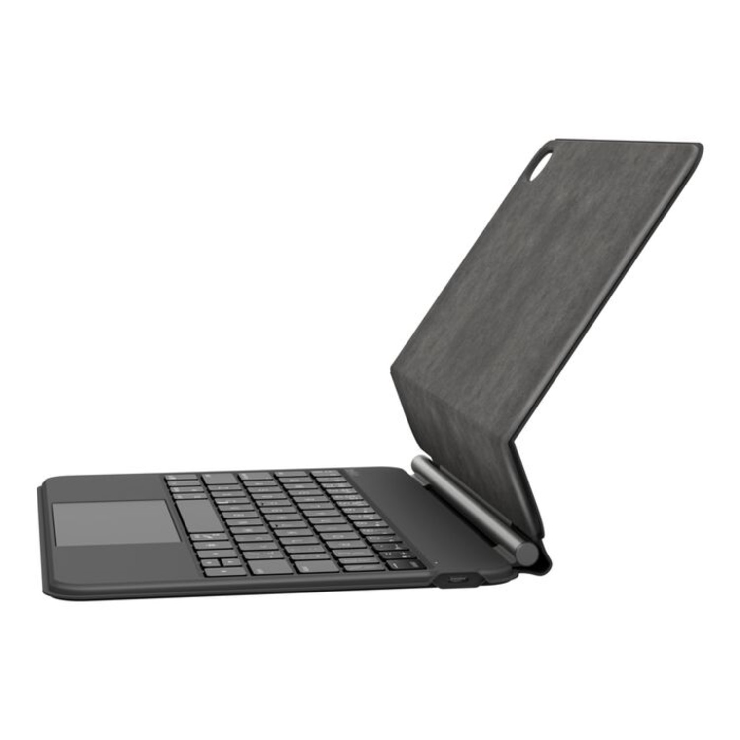 Black iPad keyboard case, side view. Case is open, with keyboard and touch pad visible.