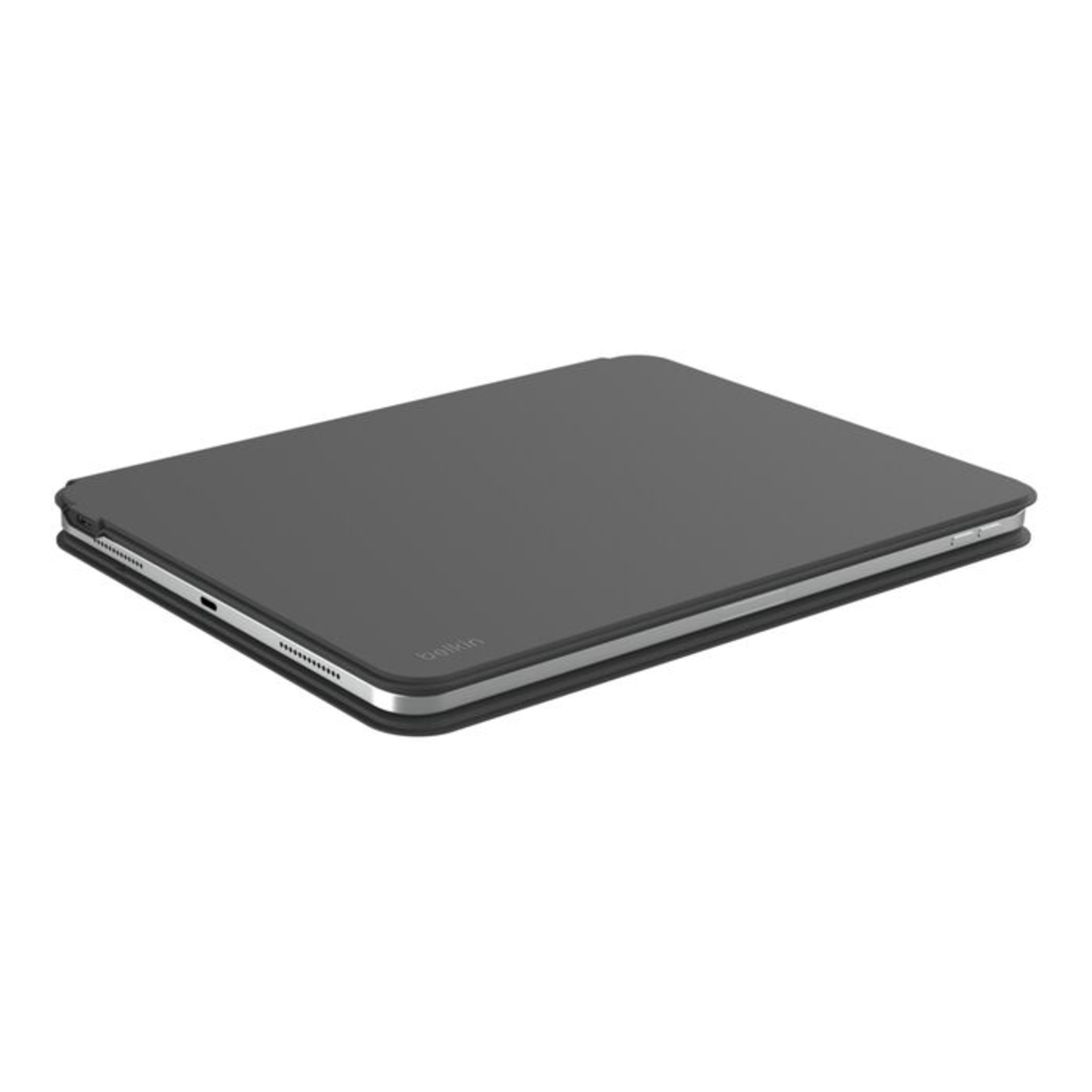 A dark gray tablet case, closed. It's flat and rectangular, with a silver border. Belkin logo is visible.