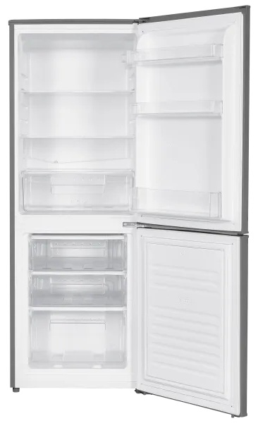 Otwarta szara lodówka z półkami, szufladami. Drzwi otwarte, pokazujące wnętrze.