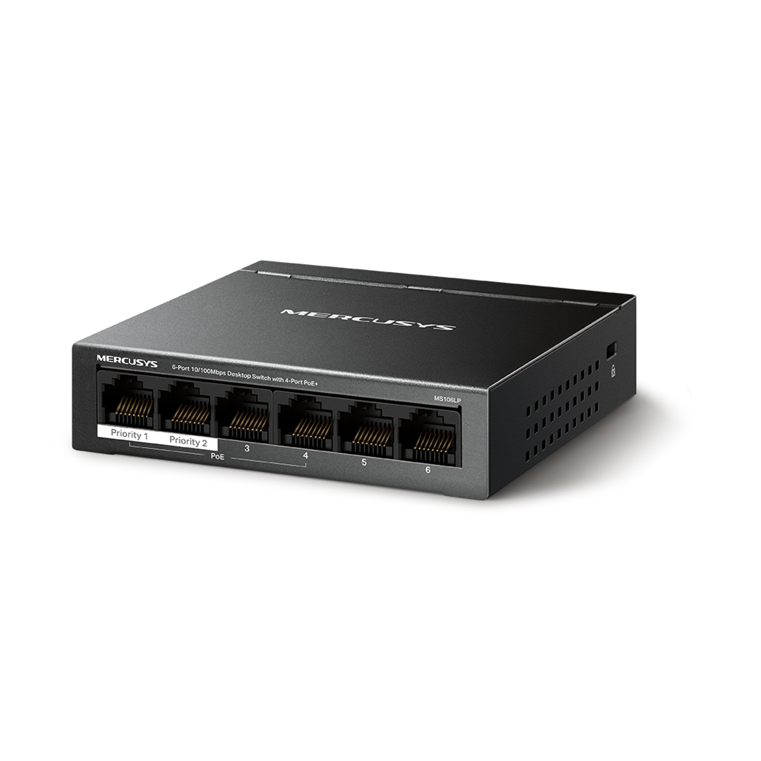 Uno switch di rete nero con sei porte etichettate 1-6 e PoE. Il marchio è MERCUSYS.