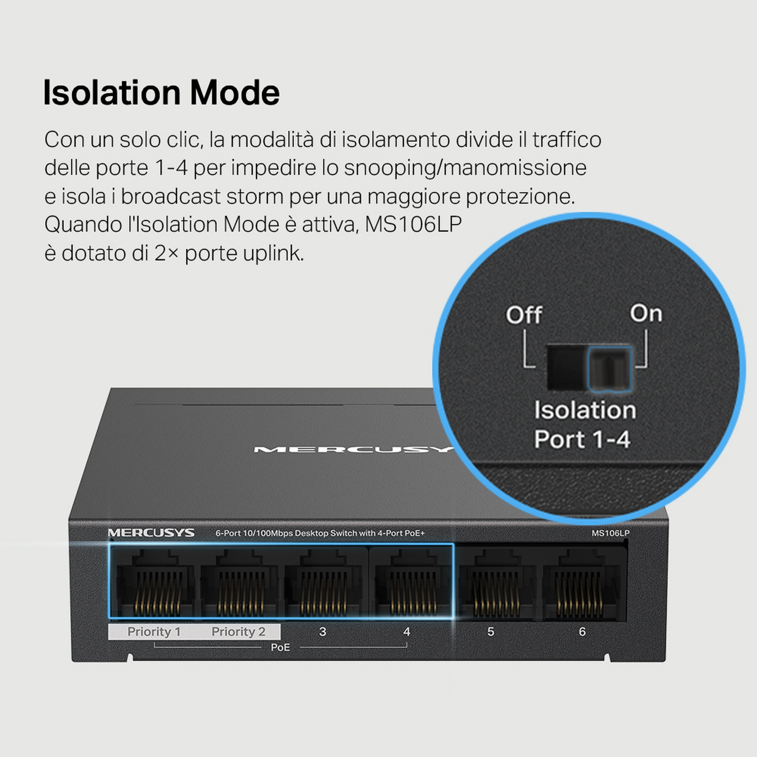 Switch di rete con modalità di isolamento evidenziata. Uno switch con opzioni di porta isolamento.
