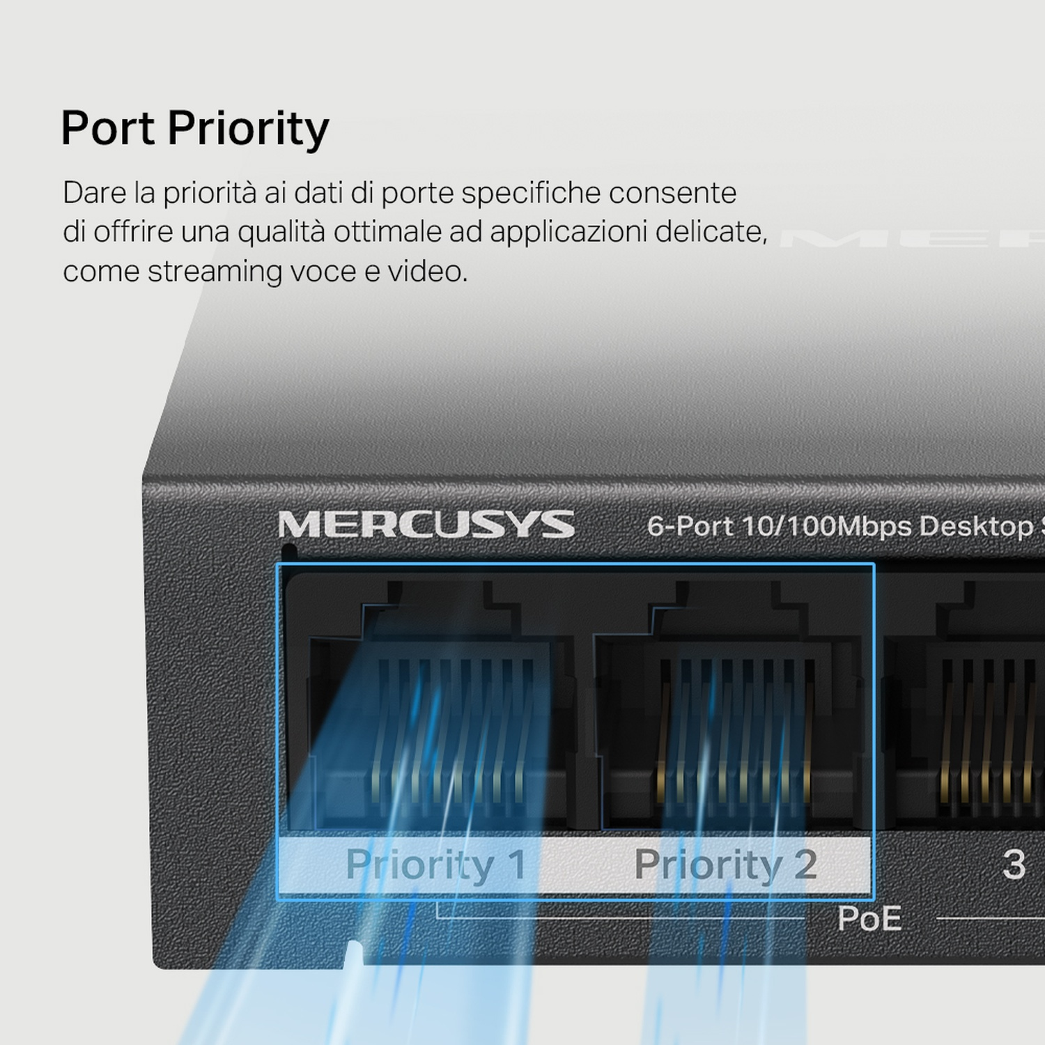 Primo piano dello switch di rete che mostra la priorità delle porte. Il testo indica priorità 1 e 2.