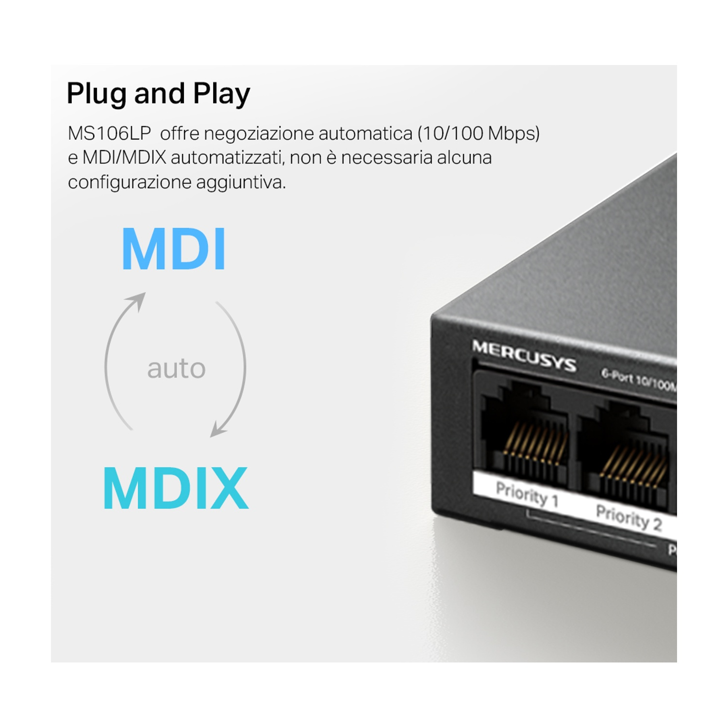 Primo piano di uno switch di rete con funzioni auto MDI/MDIX. Il testo mostra MDI e MDIX.