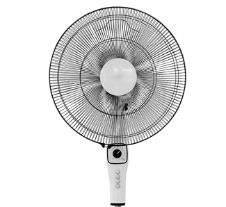 Yukarıdan görülen beyaz ve siyah bir elektrikli vantilatör. Vantilatör beyaz bir arka plan üzerinde.