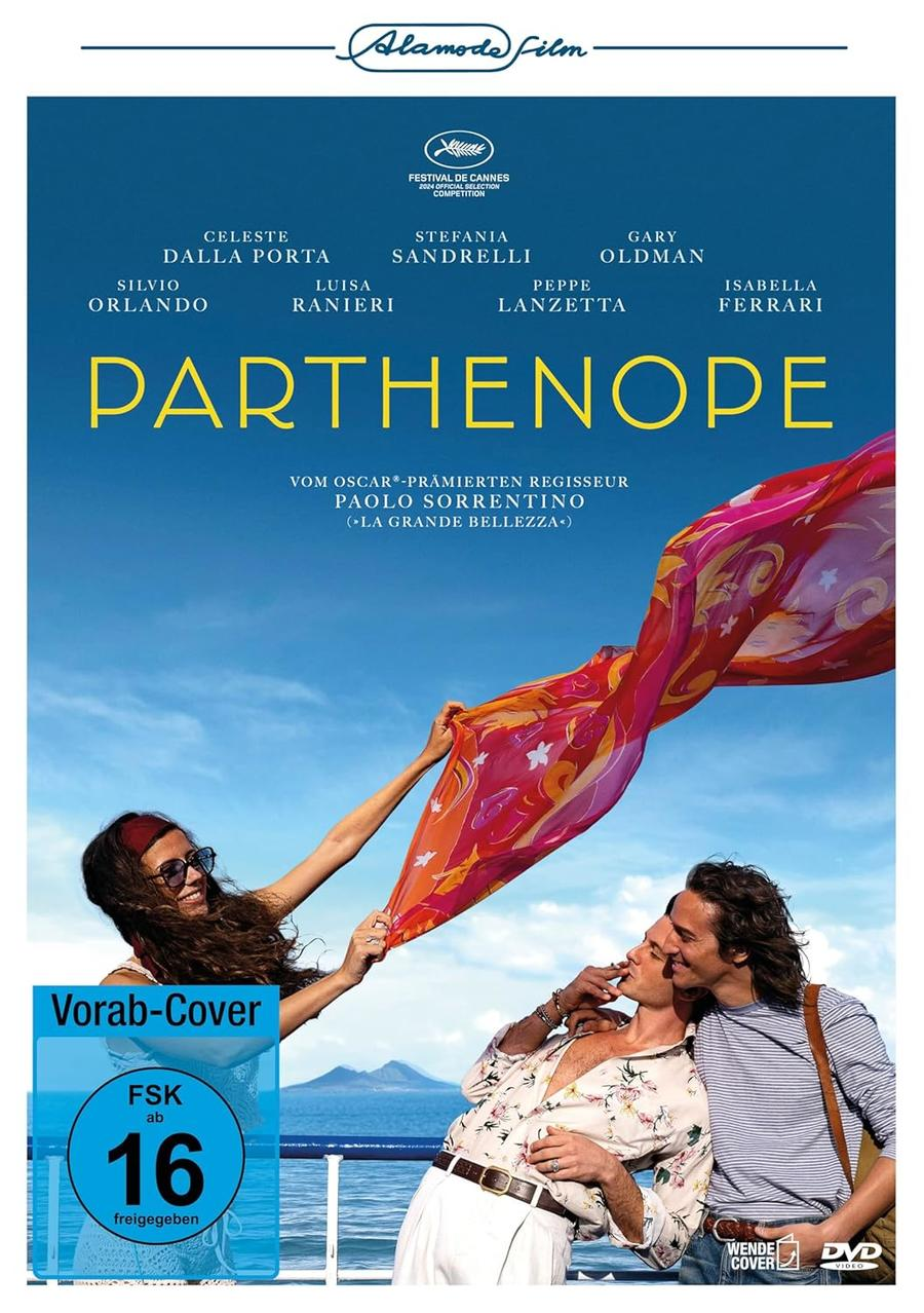 Filmplakat mit Personen auf einem Boot, Text 'Parthenope' und Filmtiteln.