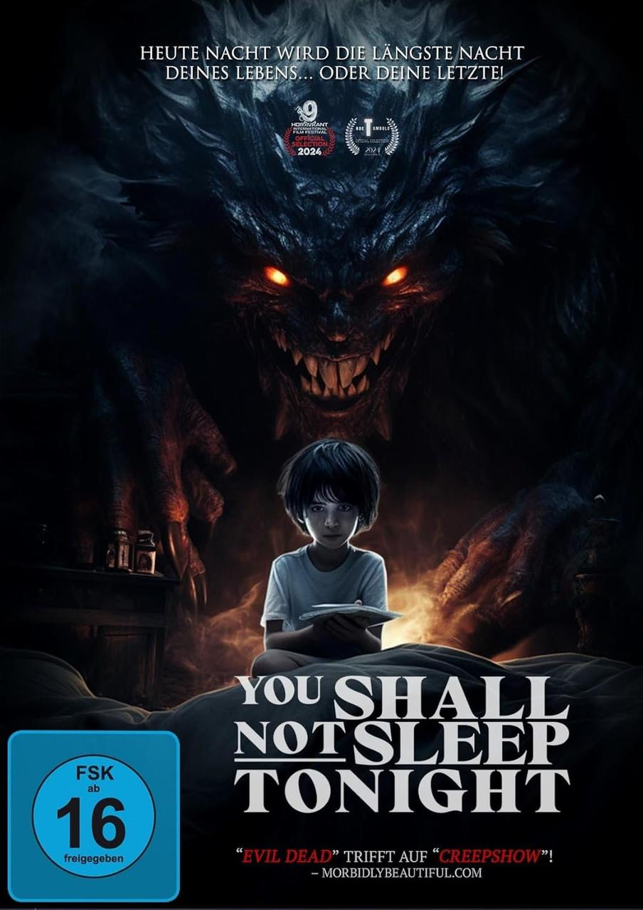 Filmposter mit einem Kind und einem Monster. Text auf Deutsch, mit Bewertungssymbol und Logo.