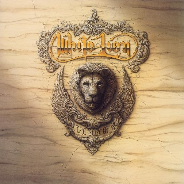 Albumcover: Verzierter Löwenkopf mit Flügeln. Beiger Hintergrund. Text: White Lion, The Best of.