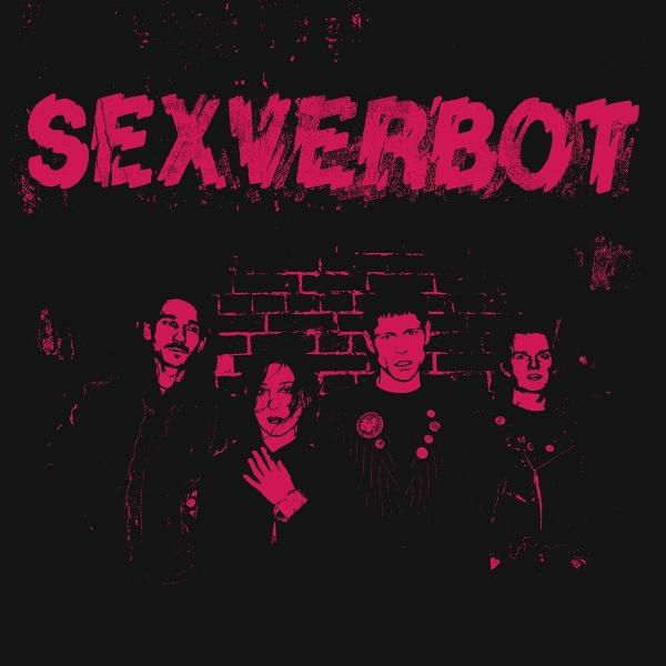 Albumcover, Sexverbot, eine Band aus vier Personen, schwarzer und rosa Text auf Ziegelmauer.