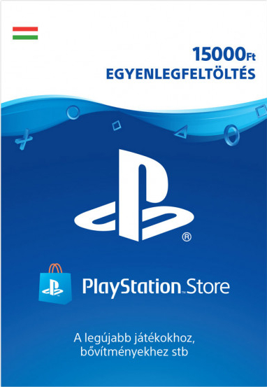 PlayStation ajándékkártya. Kék háttér, fehér logó és magyar nyelvű szöveg. 15000 Ft egyenleg.