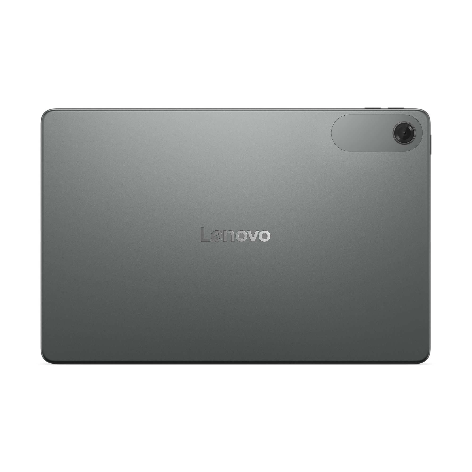 Gri Lenovo tablet, arka görünüm. Kamera sağ üst köşede. Lenovo logosu ortada. Siyah arka plan.