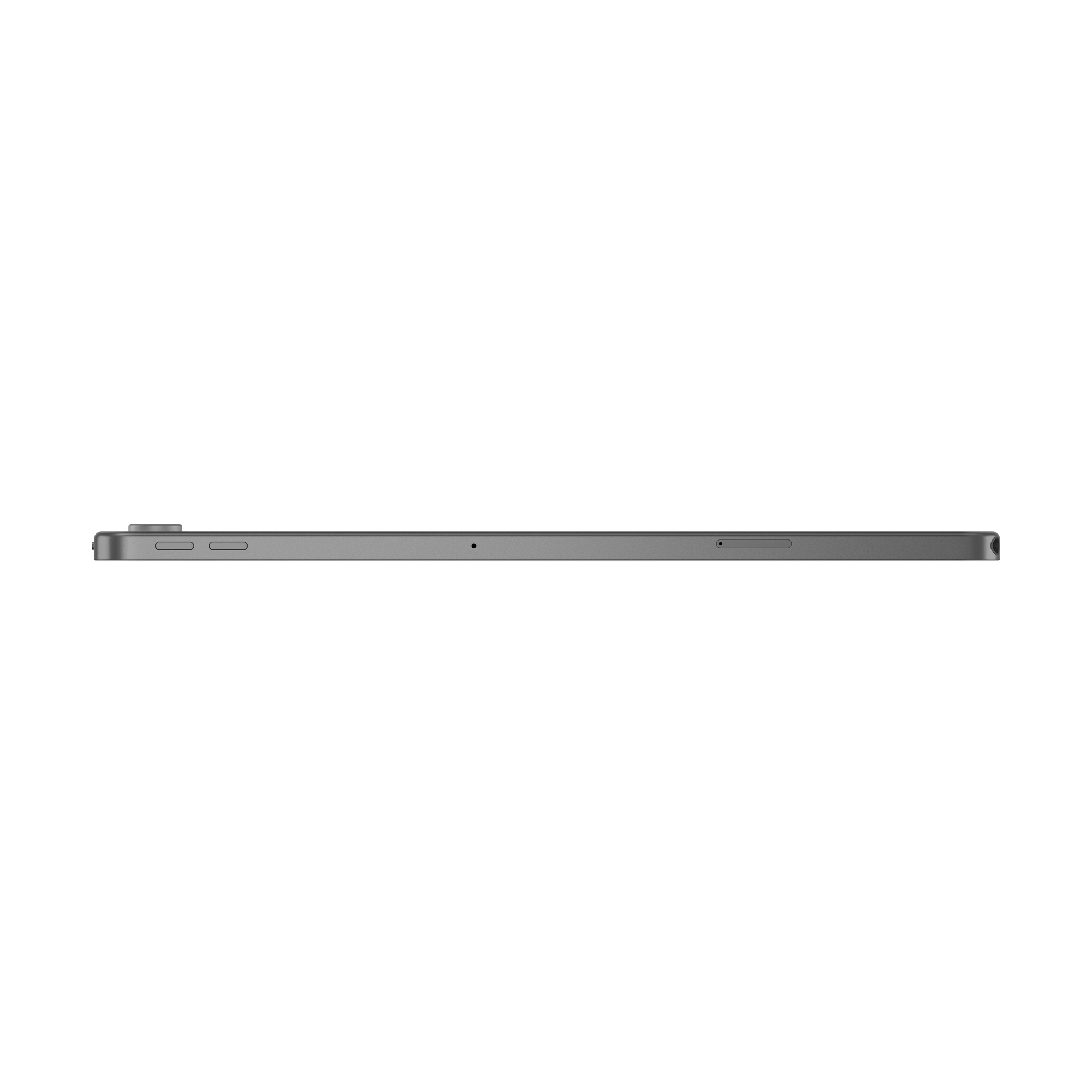 Gri Lenovo tablet, üstten görünüm. Siyah arka plan. Kenarda bir kamera ve bir düğme içerir.