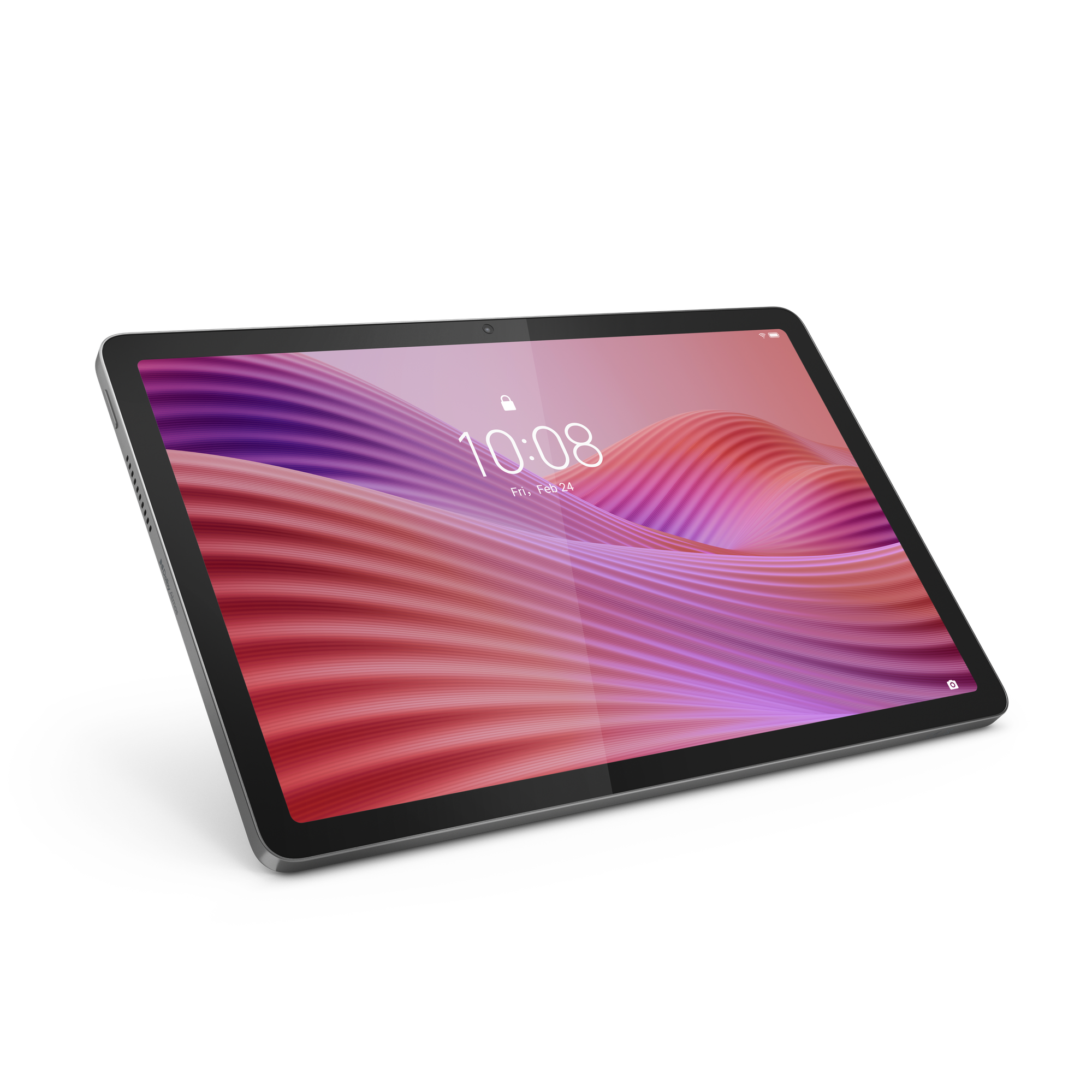 Lenovo tablet, 10:08'i kırmızı-mor dalgalı bir arka plan üzerinde gösteriyor. Siyah zemin. Ekran açık.