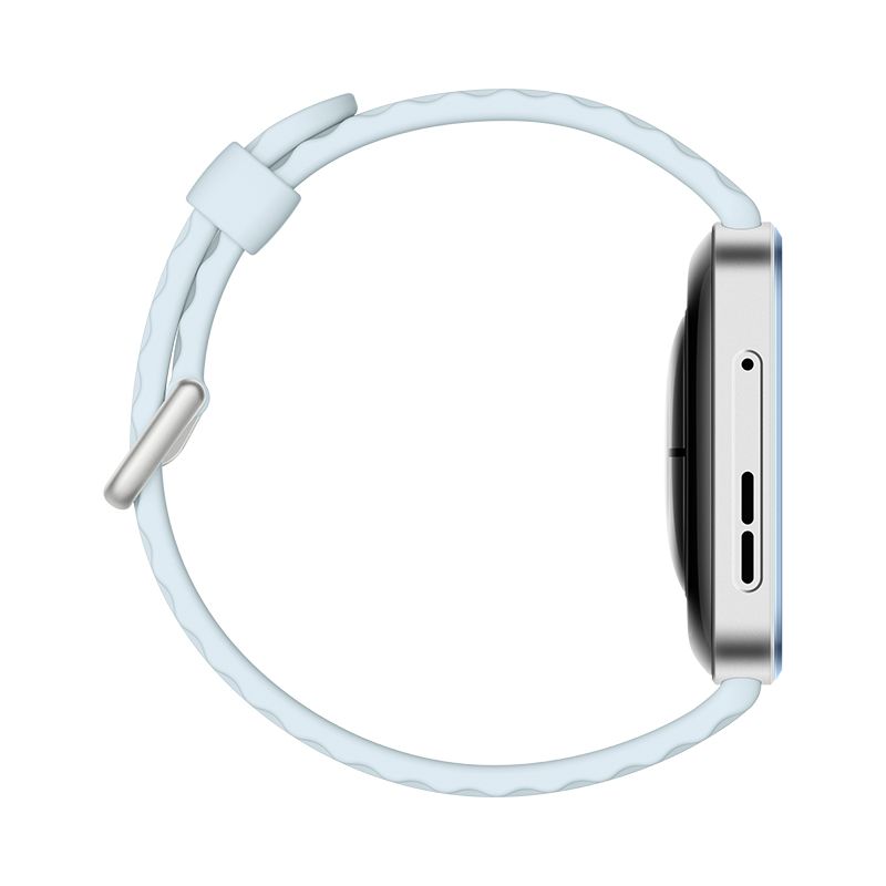 Widok z boku smartwatcha z jasnoniebieskim paskiem na białym tle.