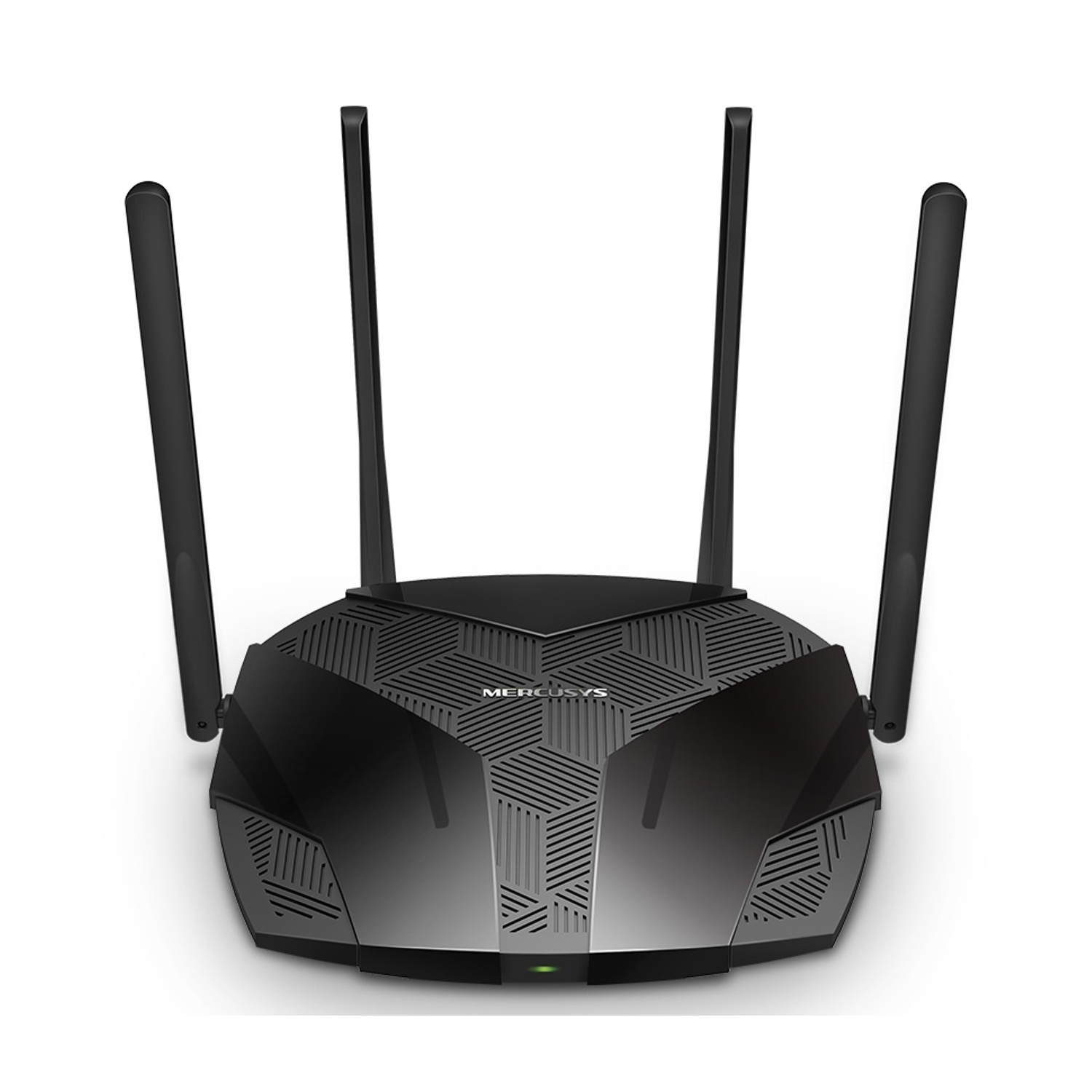 Vista posteriore del router nero con 4 antenne, su sfondo bianco.