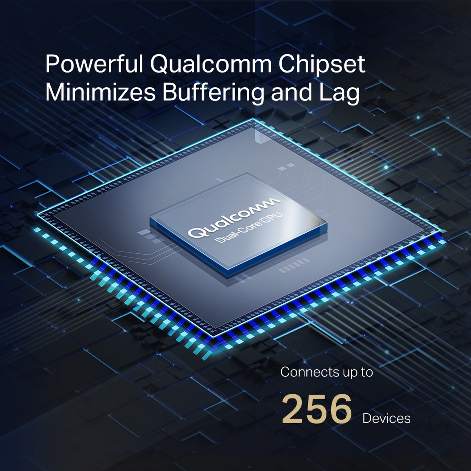 Primo piano di un processore Qualcomm su un circuito blu con testo.