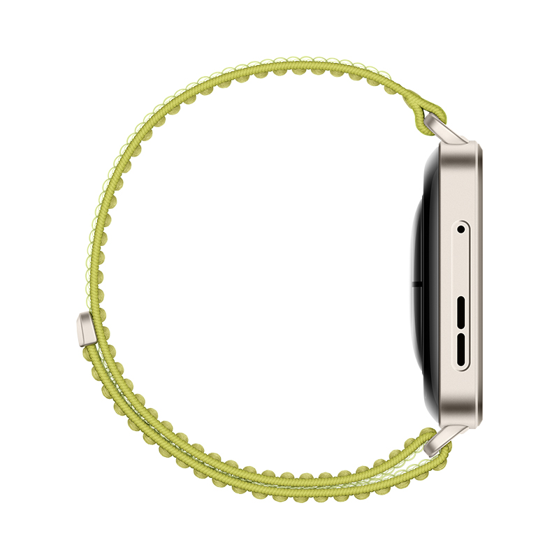 Widok z boku smartwatcha z zielonym paskiem na białym tle.