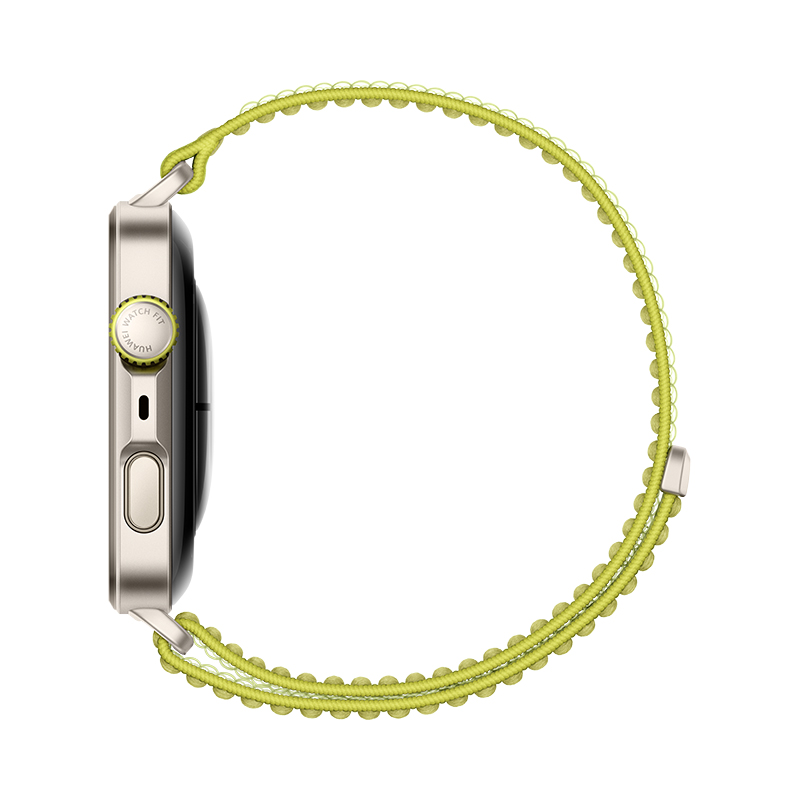 Widok z boku smartwatcha z zielonym paskiem na białym tle.