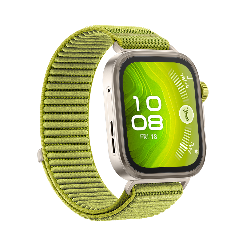 Smartwatch z oliwkowym paskiem i zielonym ekranem wyświetlającym datę i godzinę.