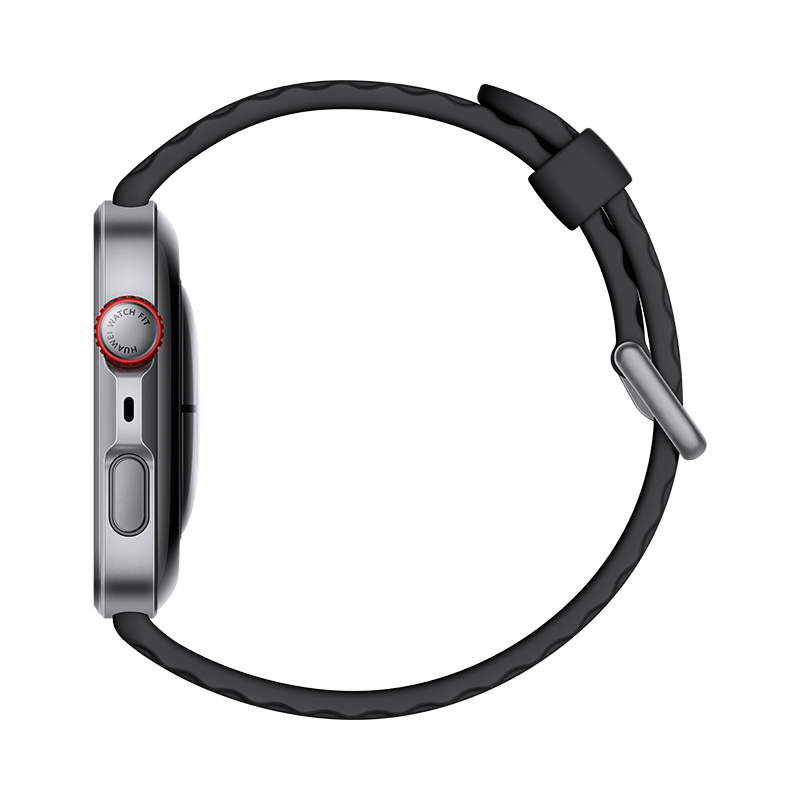 Smartwatch z czarnym paskiem, widok z boku, z czerwoną tarczą i przyciskiem.