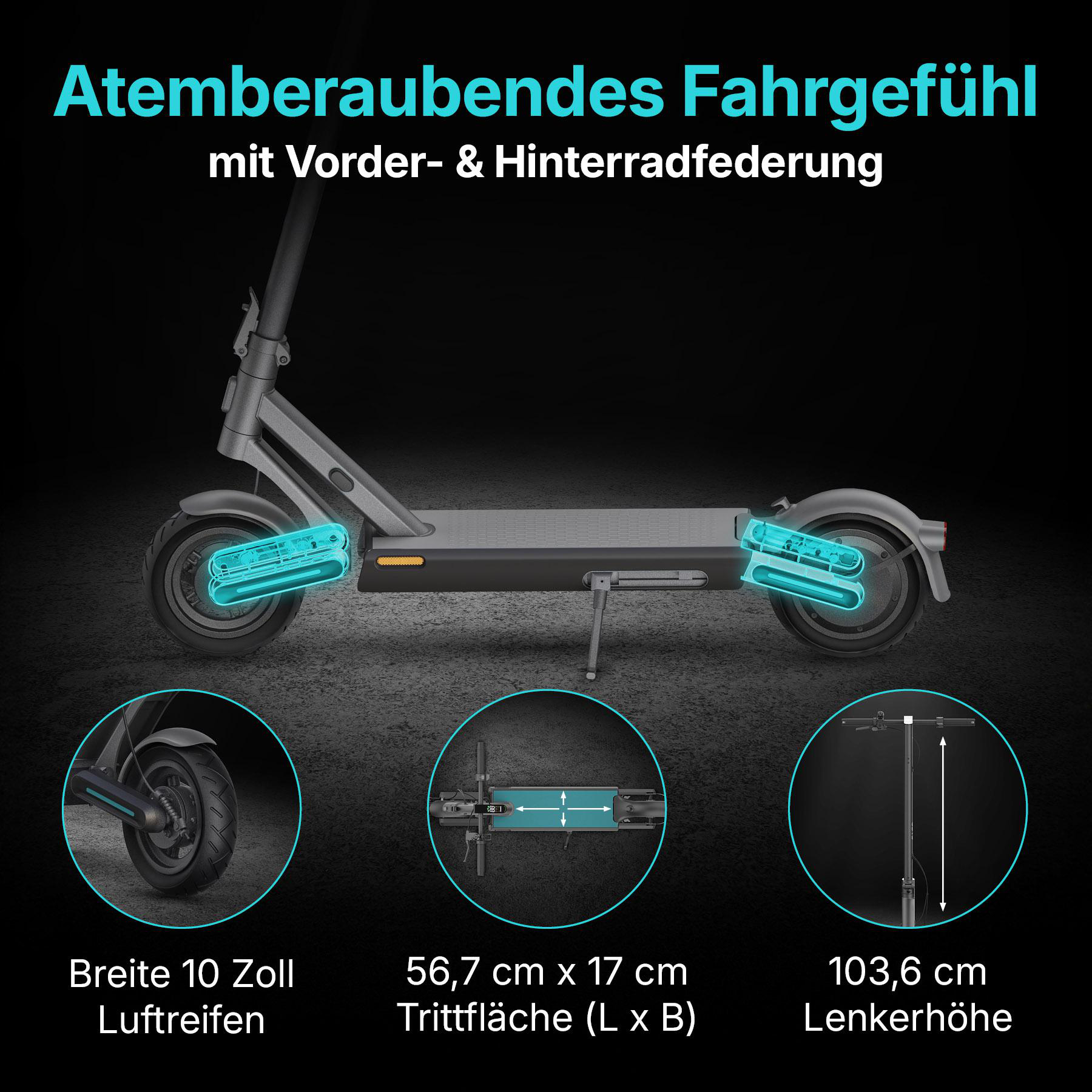 Grauer E-Scooter auf schwarzem Untergrund, technische Details und hervorgehobene Funktionen.