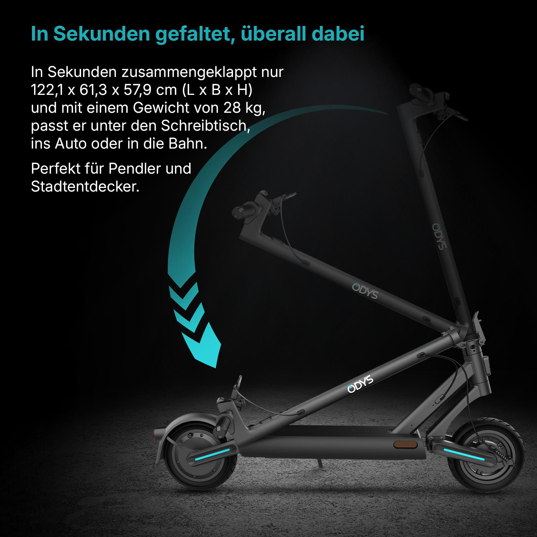 Faltbarer grauer E-Scooter mit Text über Falten und Abmessungen, auf dunkler Oberfläche.