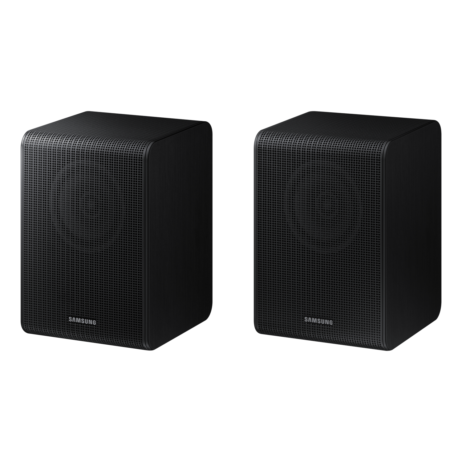 Two black Samsung speakers side-by-side. Each is a perforated cube shape.