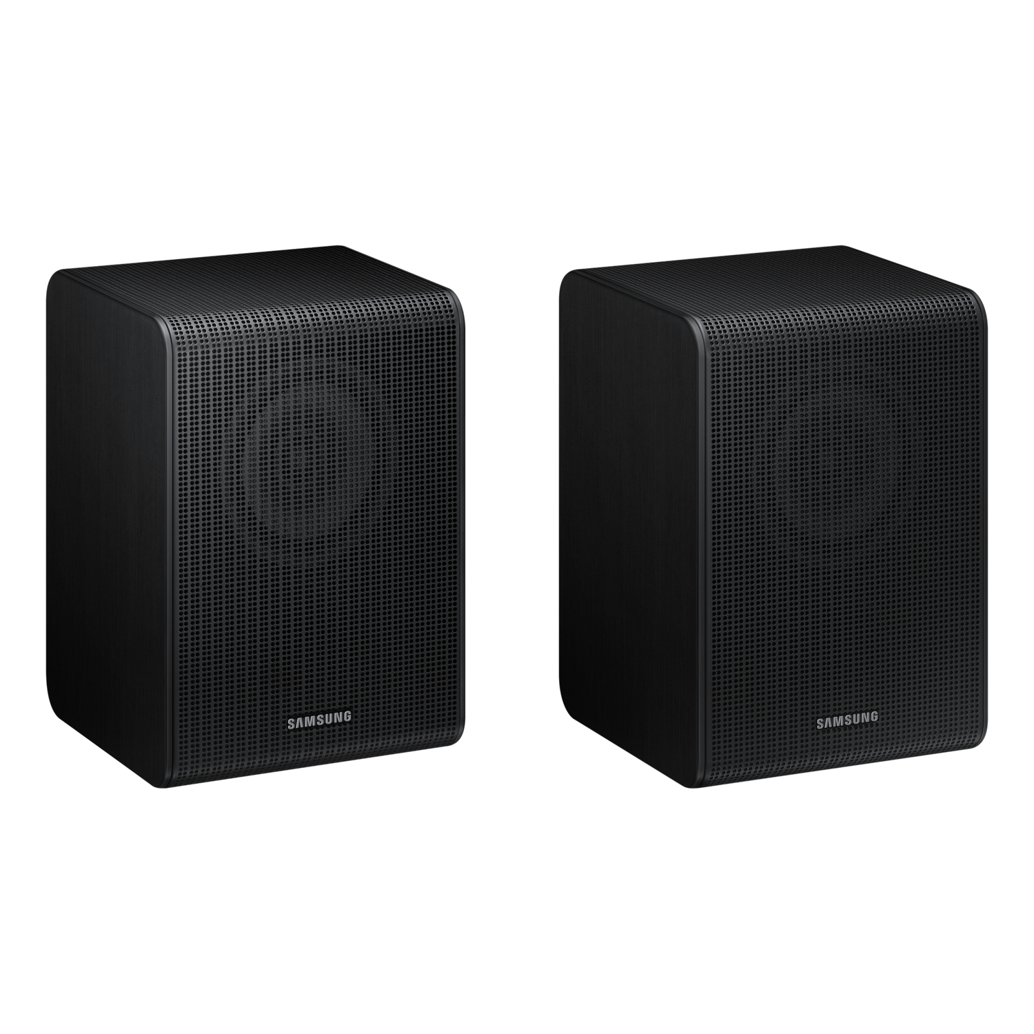 Two black Samsung speakers, side-by-side. Perforated front with a solid back.