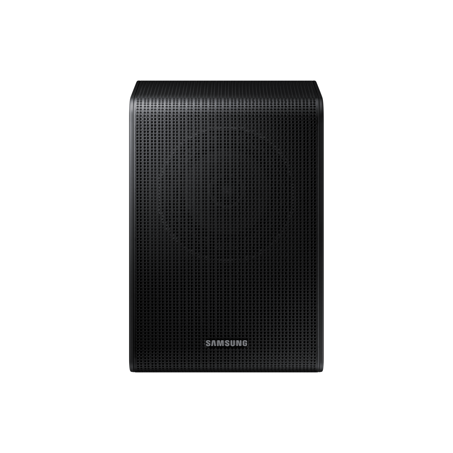 A single black Samsung speaker. Perforated front, rectangular shape.