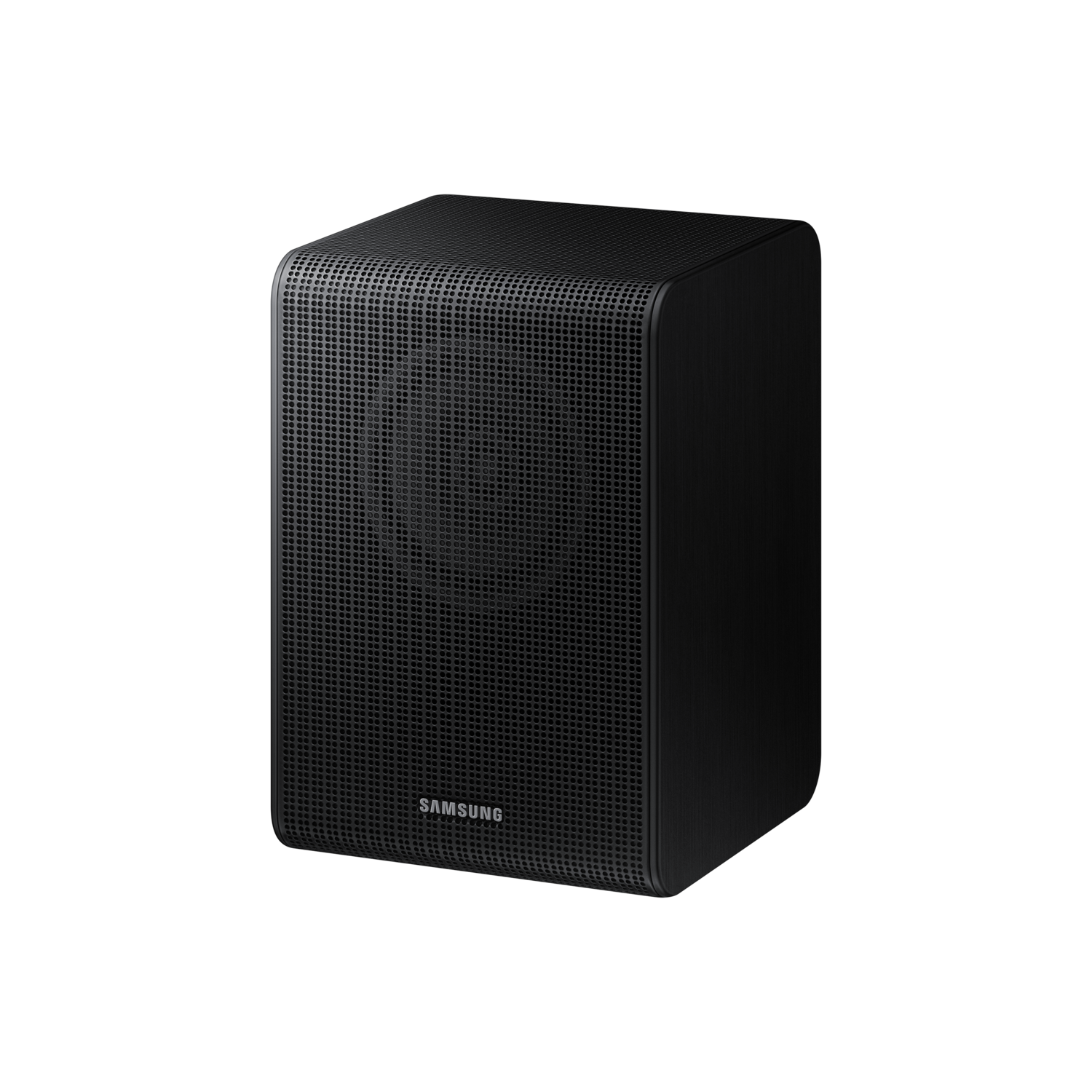 Black Samsung speaker, angled view. Perforated front, solid sides.