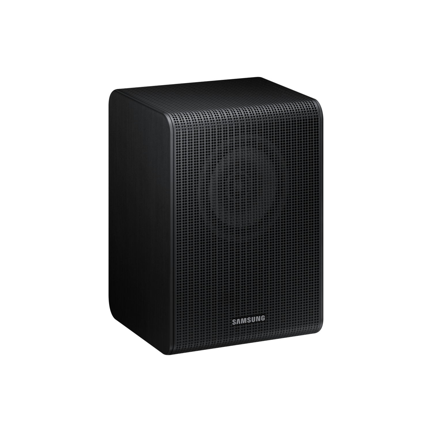 Black Samsung speaker, angled view. Perforated front, angled side.