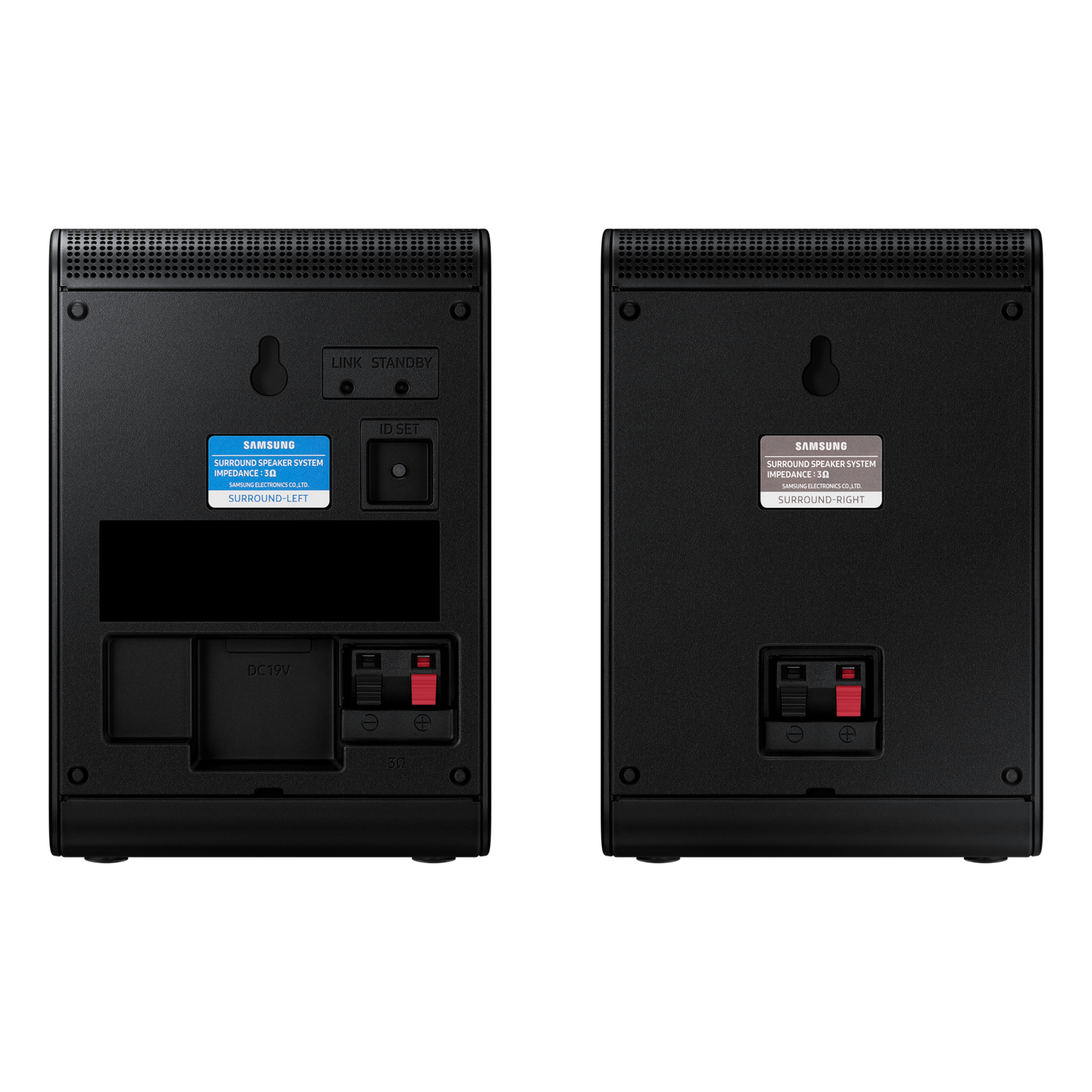Back of two black Samsung speakers. Ports, labels, and mounting holes are visible.