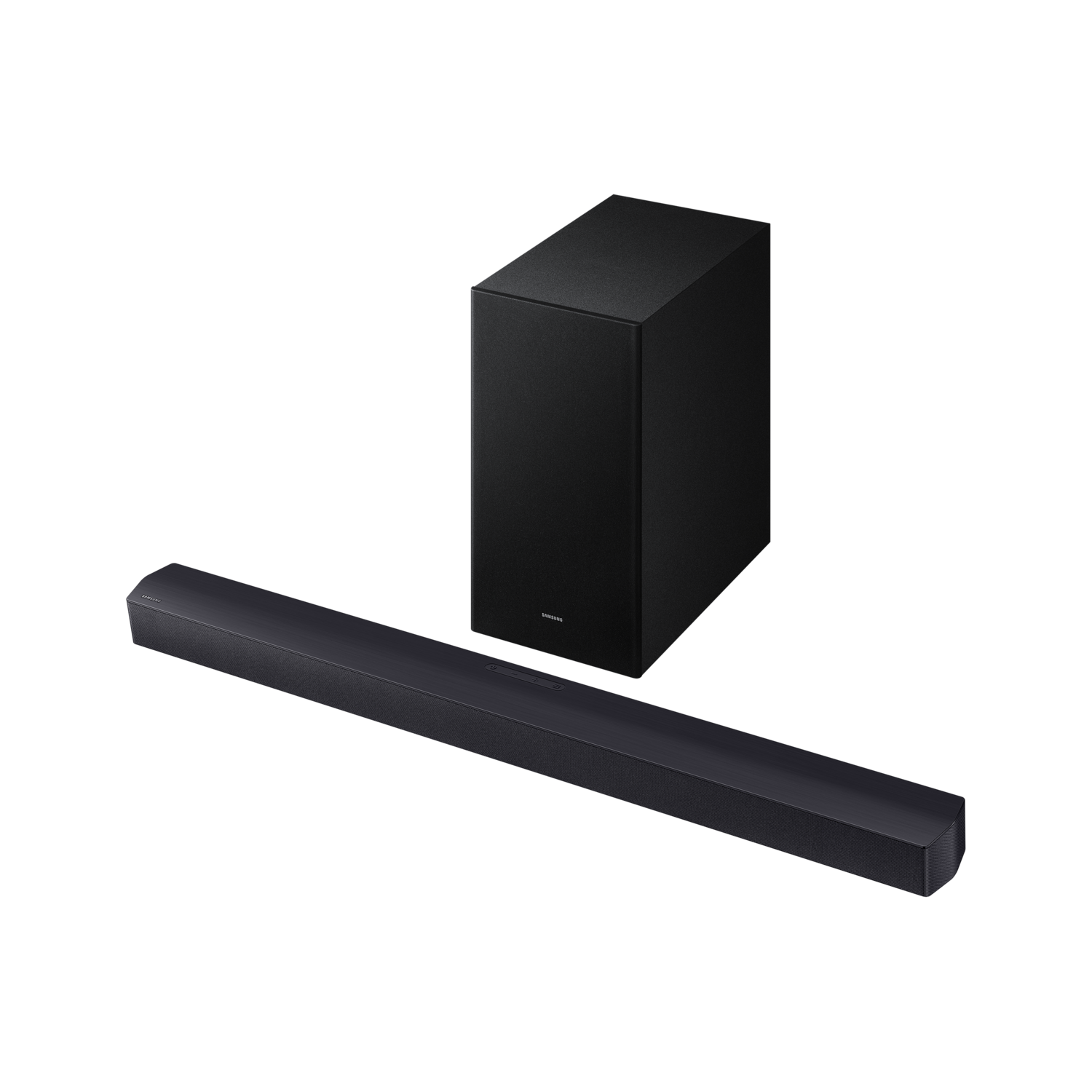 Samsung soundbar and subwoofer. Soundbar angled. Subwoofer is a black box.