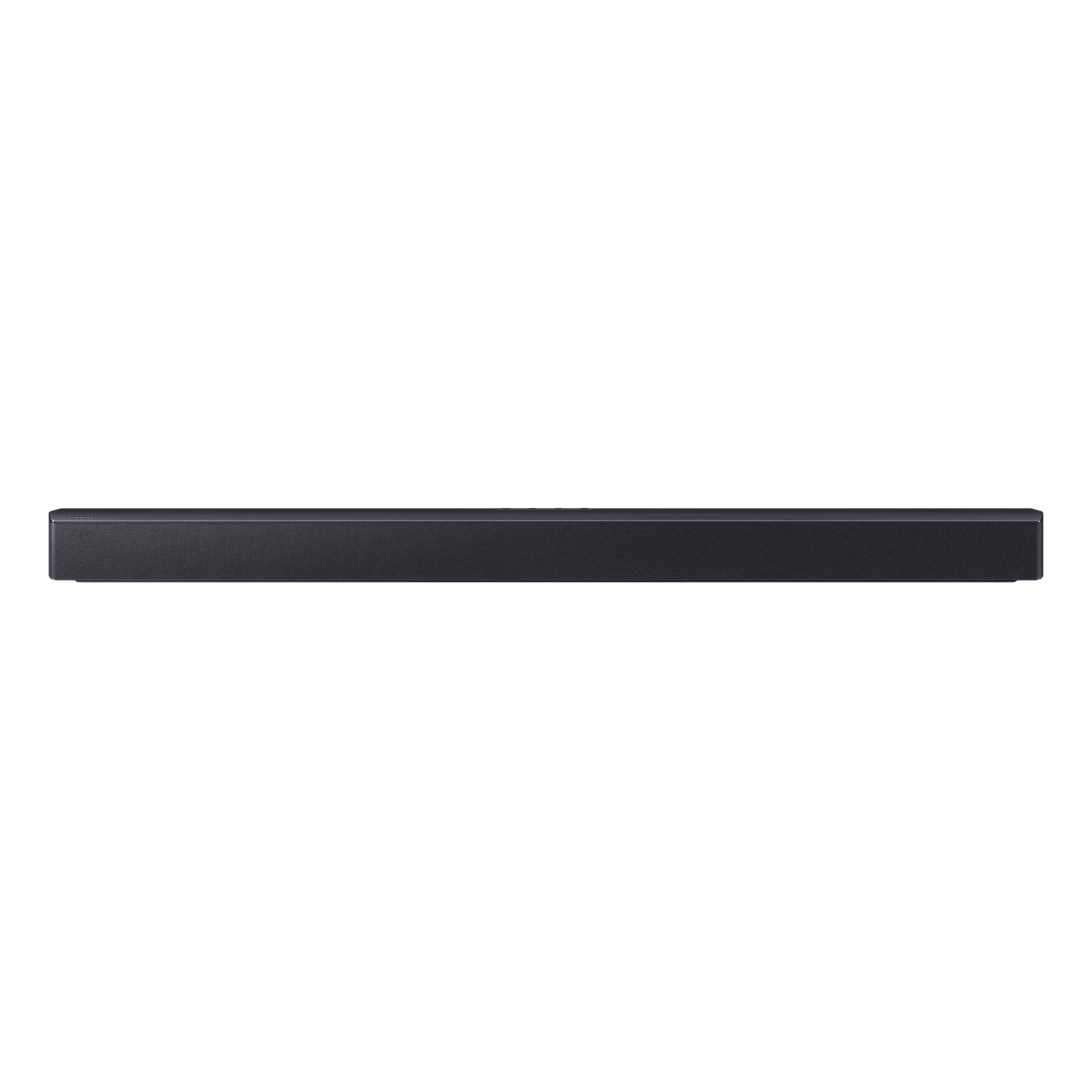 Black Samsung soundbar. Long, thin, and rectangular. Has buttons on top.