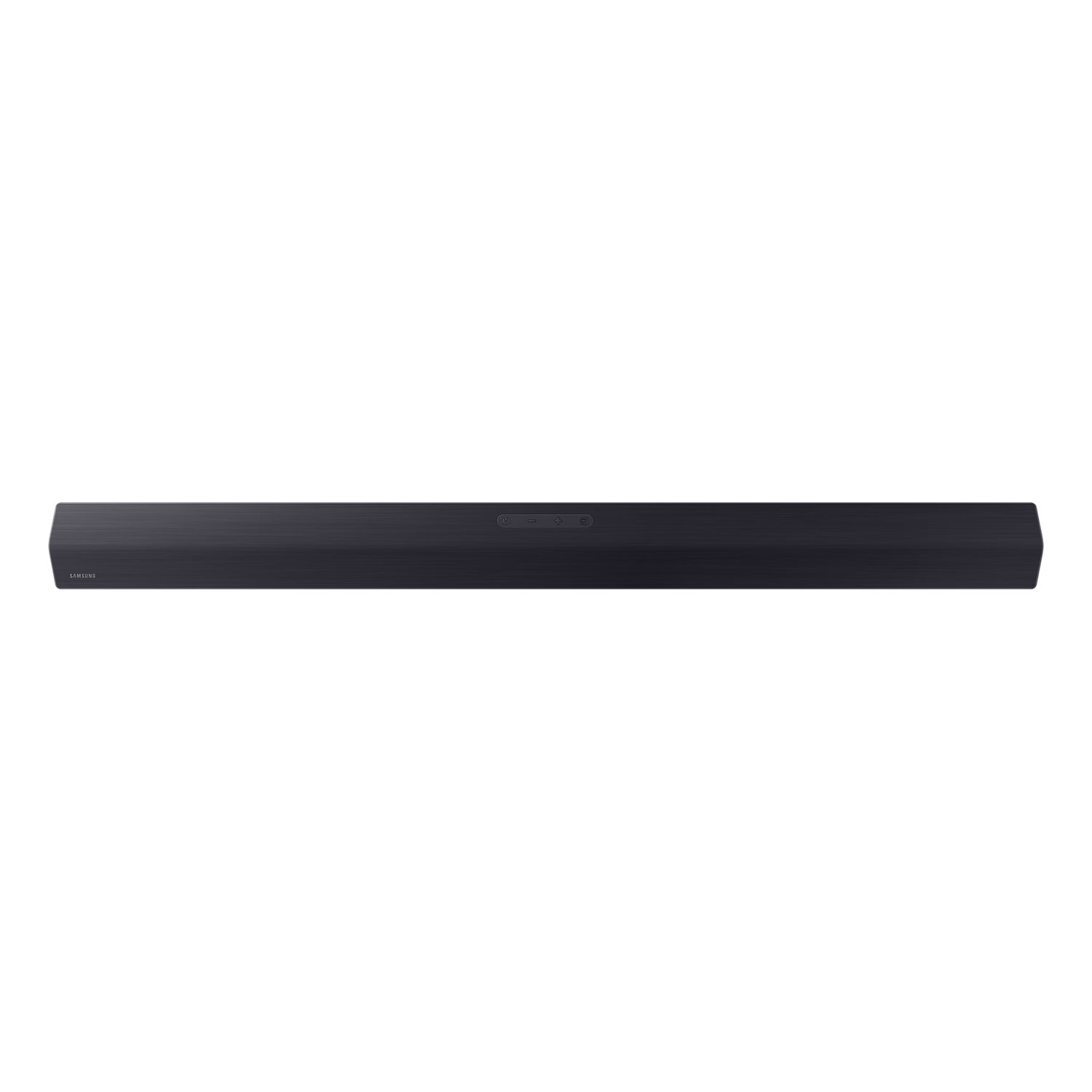 Black Samsung soundbar, angled. Long, thin, buttons on top.
