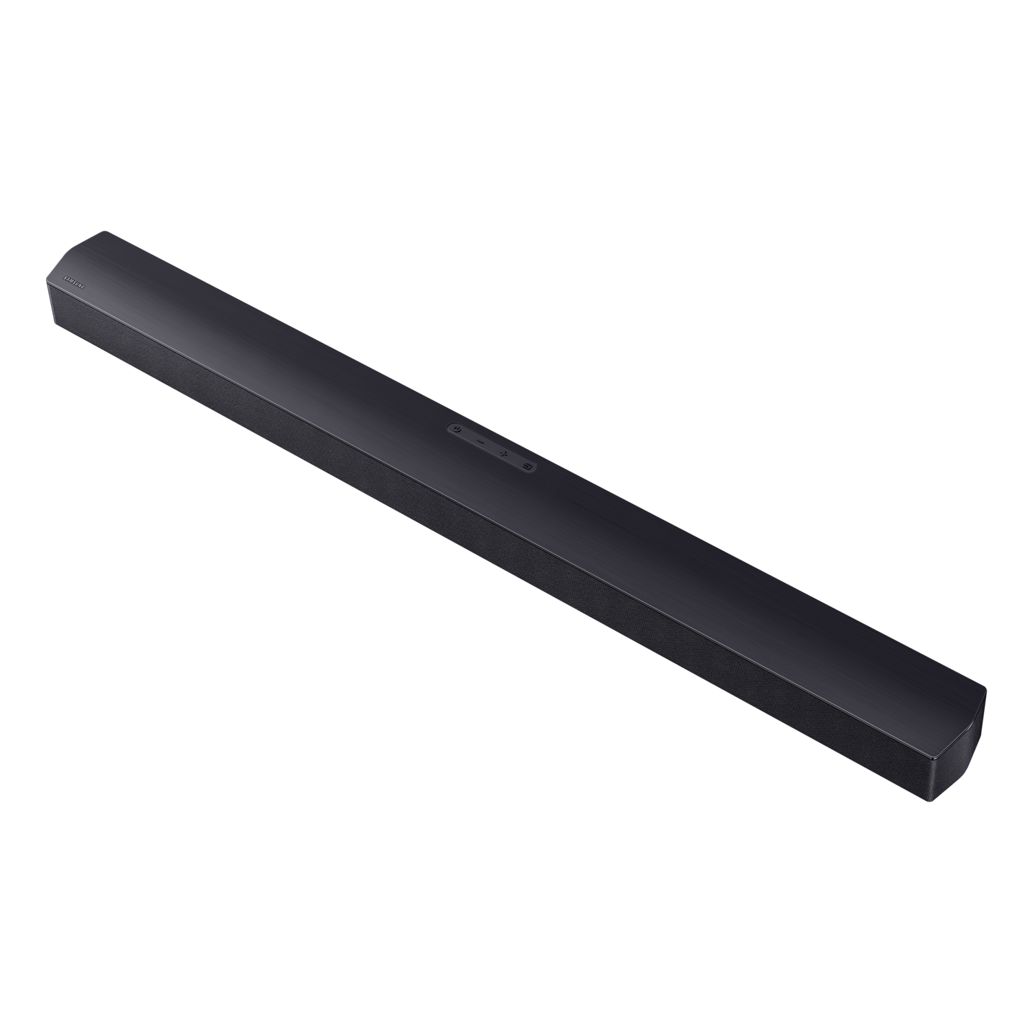 Black Samsung soundbar, angled, from side. Long, thin, buttons visible.
