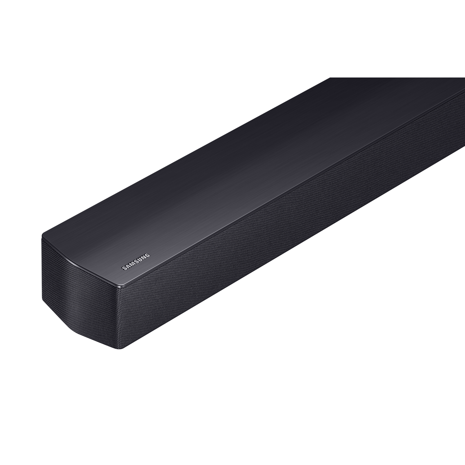 Black Samsung soundbar, corner view. Long, thin, mesh side.