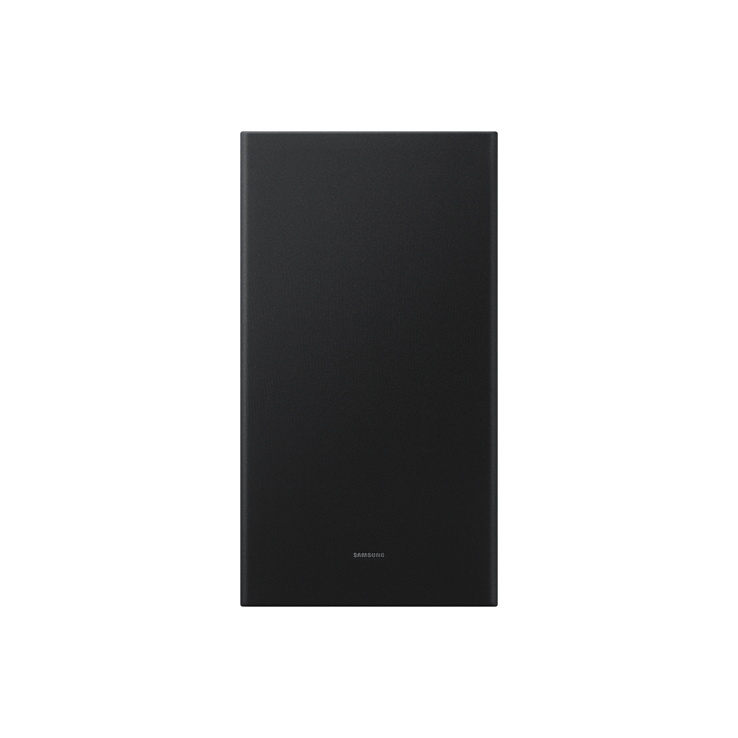 Black Samsung subwoofer. Rectangular shape with a perforated front.