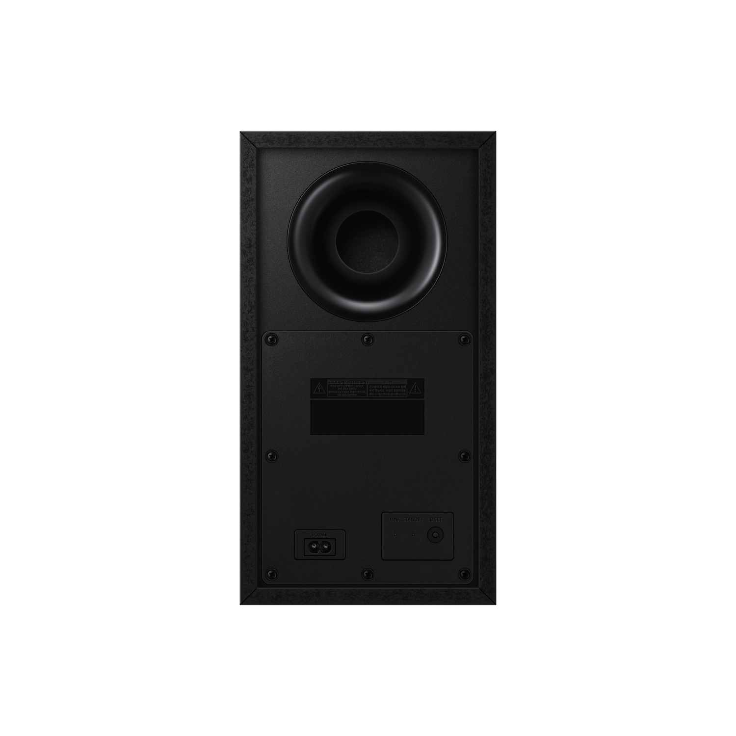 Back of a black Samsung subwoofer. Large circular port, ports, and labels.